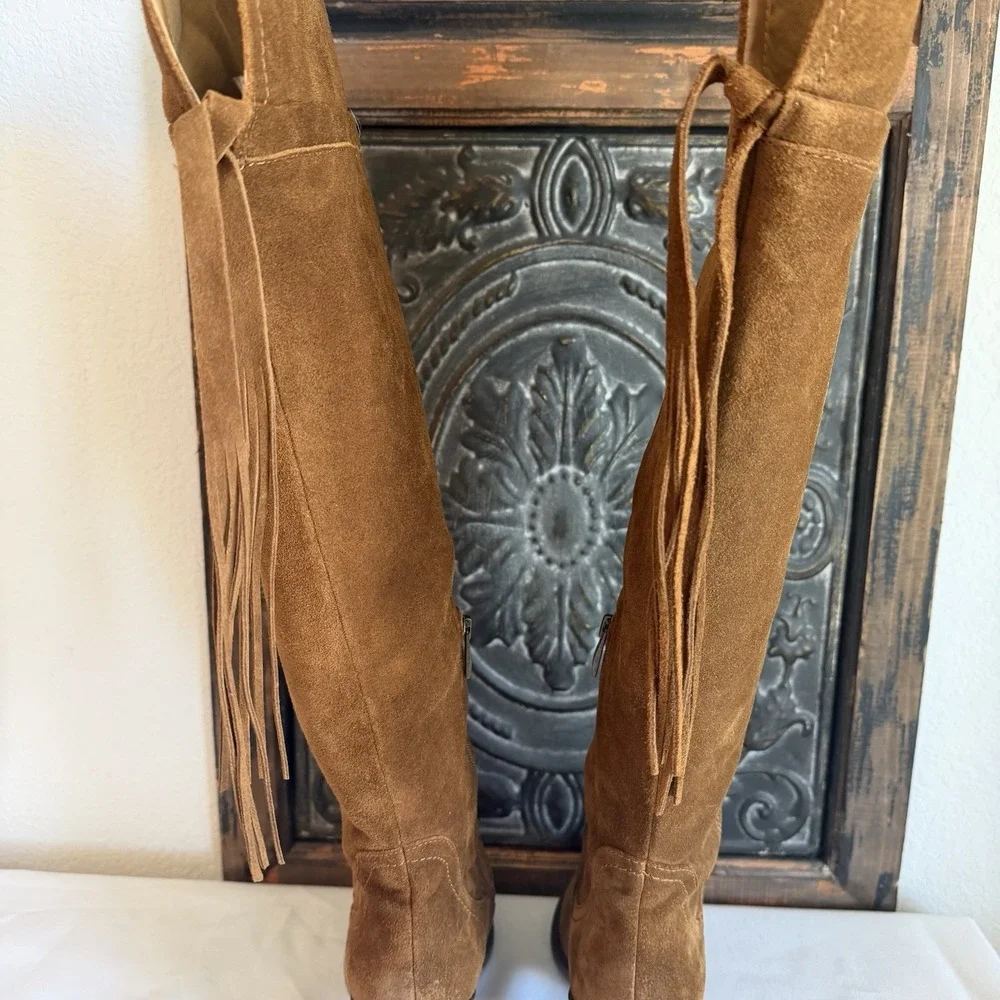 Franco Sarto Elnora Tall Suede Over The Knee Boots Brown Boho Fringe Tassel Sz 9